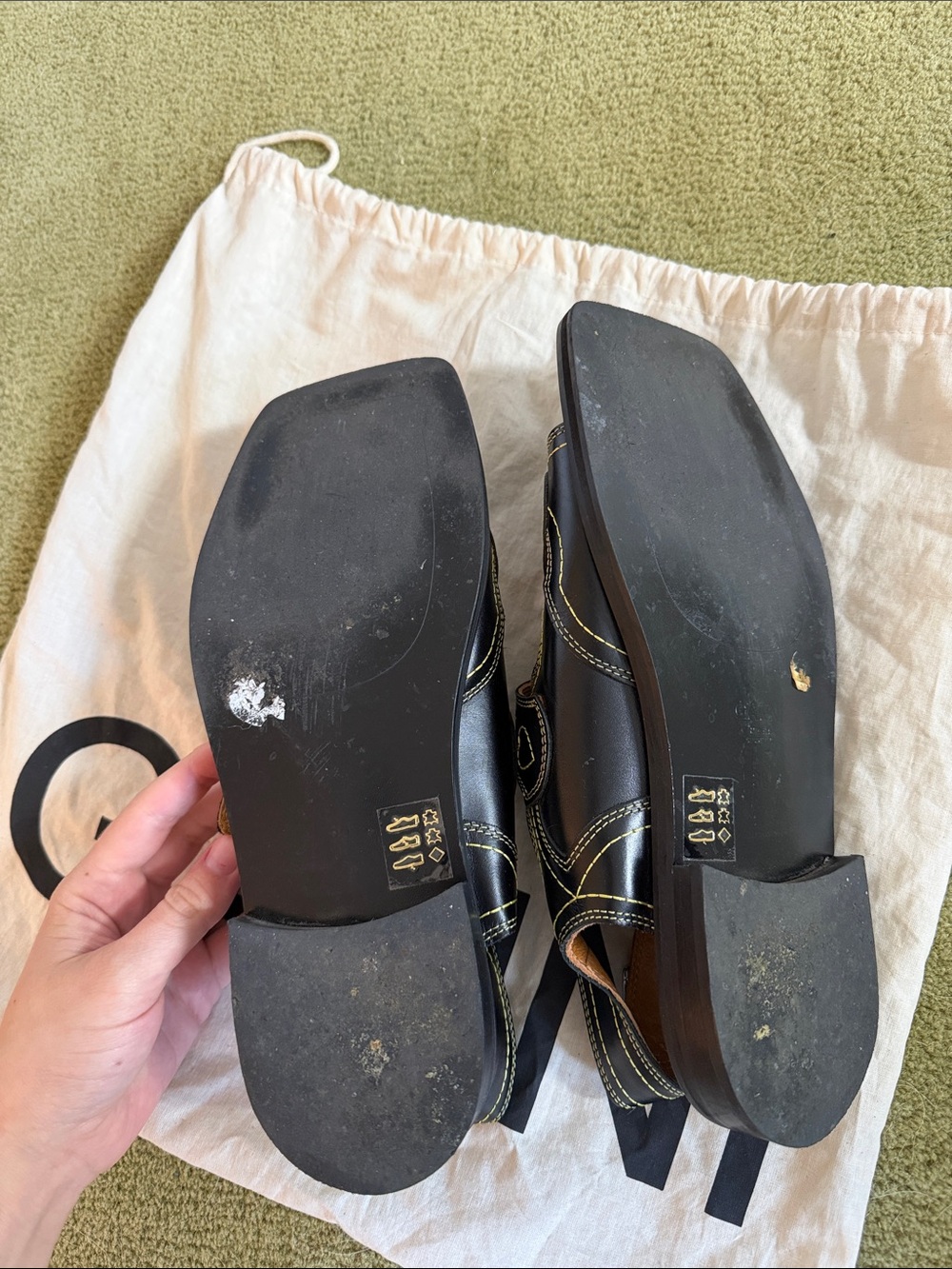 Ganni Black Leather Triple-Buckle Sandals with Heart Stitching - Picture 4 of 4
